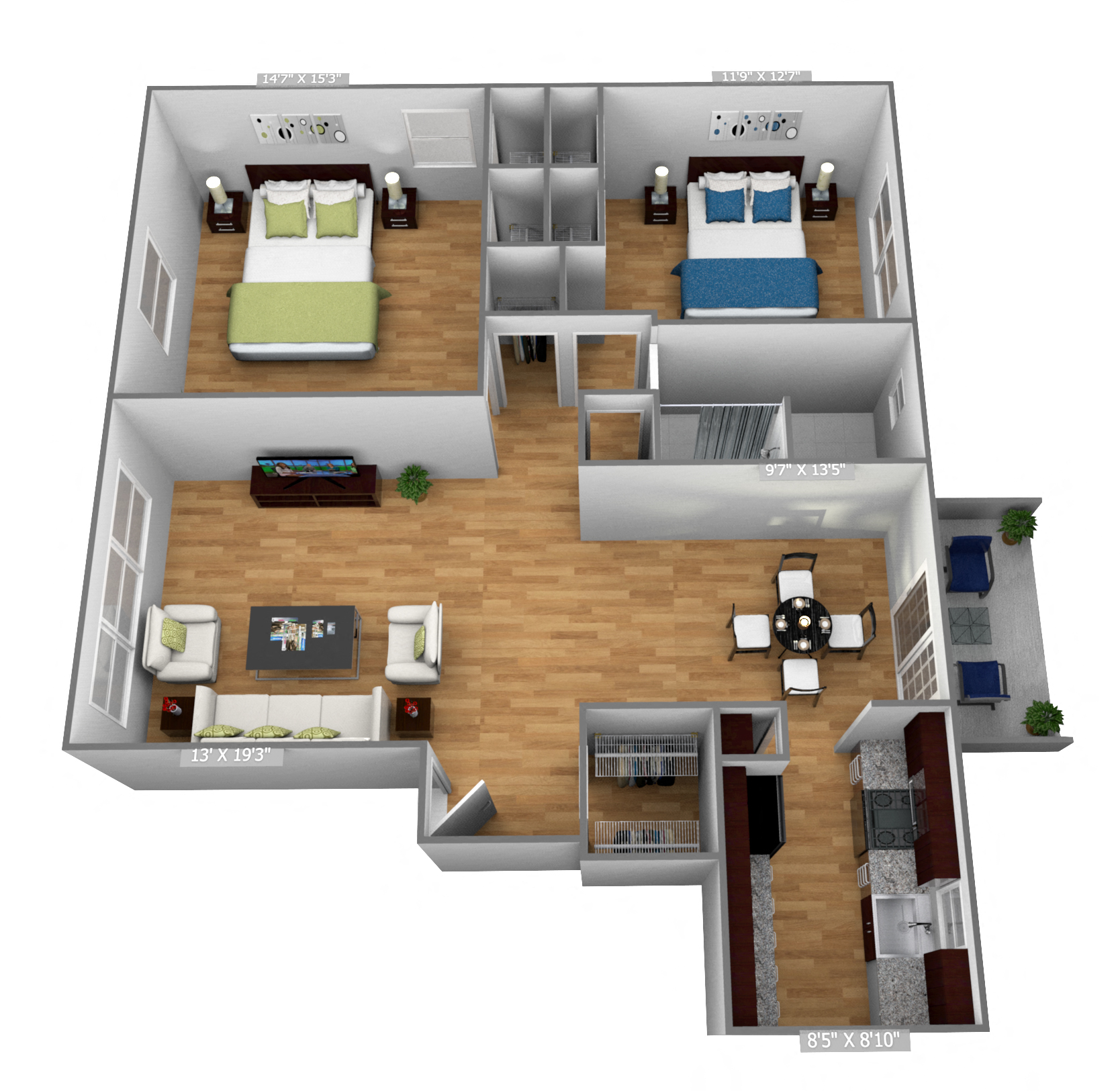 Floor plan for 2 beds, 1 bath, 1060 sqft